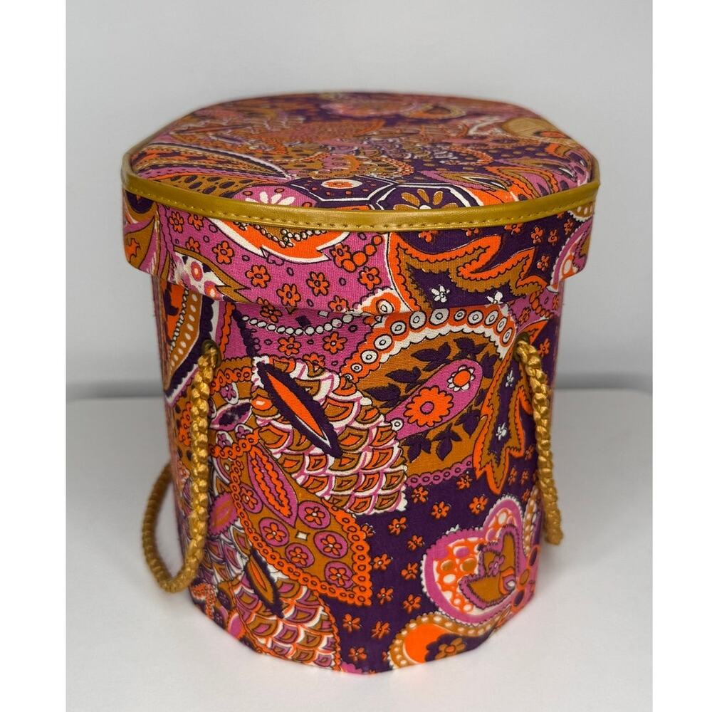 1960s Psychedelic Paisley Wig Case Hat Box Vanity Storage Mod Orange Pink - Picture 15 of 16